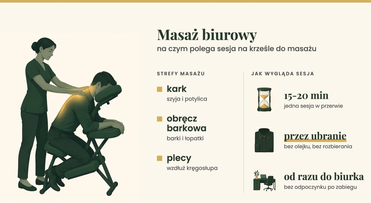 Masaż biurowy na krześle obejmuje kark, barki i plecy, a sesja trwa 15-20 minut przez ubranie