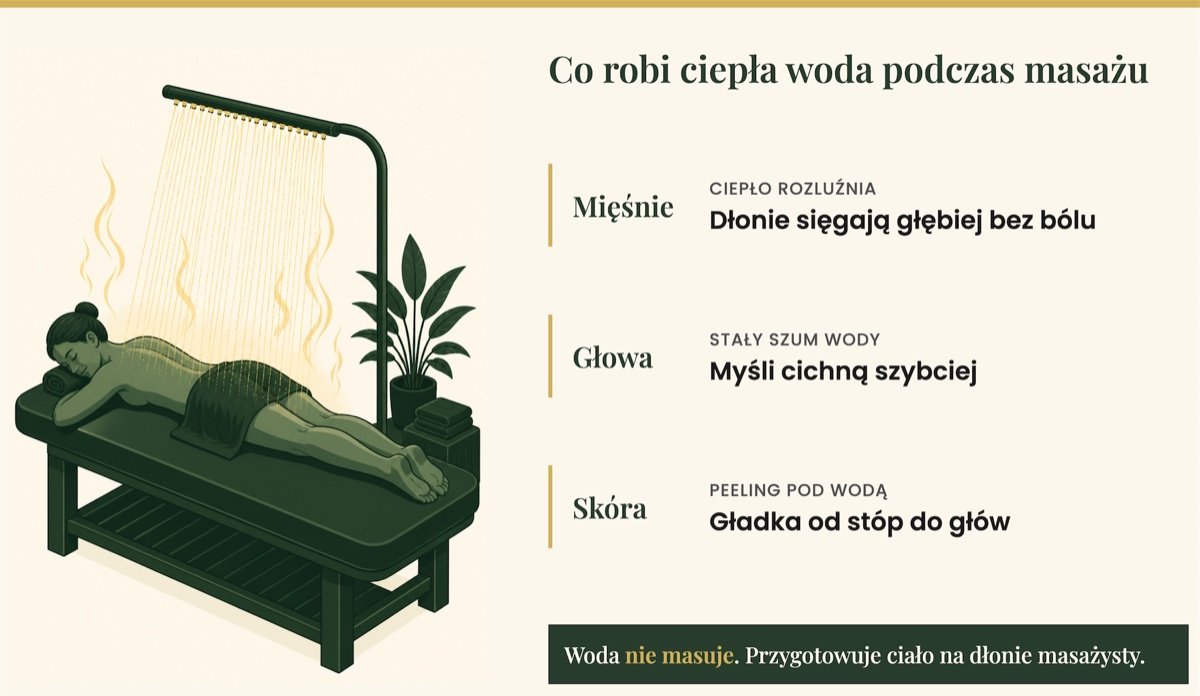Działanie ciepłej wody podczas masażu wodnego na mięśnie, wyciszenie głowy i wygładzenie skóry po peelingu