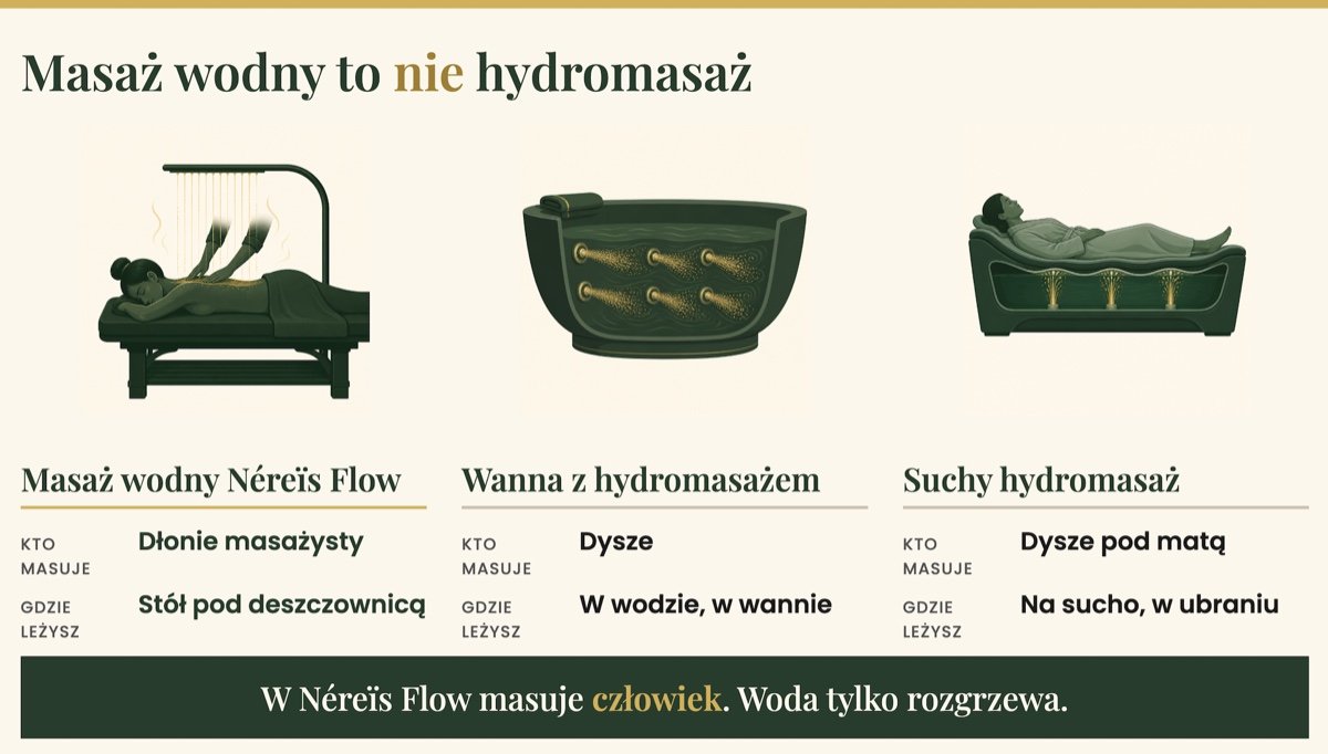 Porównanie masażu wodnego Néreïs Flow pod deszczownicą z hydromasażem w wannie i suchym hydromasażem na macie