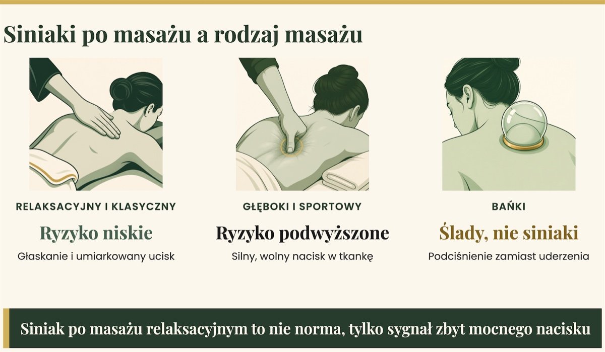 Ryzyko siniaków według rodzaju masażu: niskie przy relaksacyjnym, podwyższone przy głębokim i sportowym, bańki zostawiają ślady.
