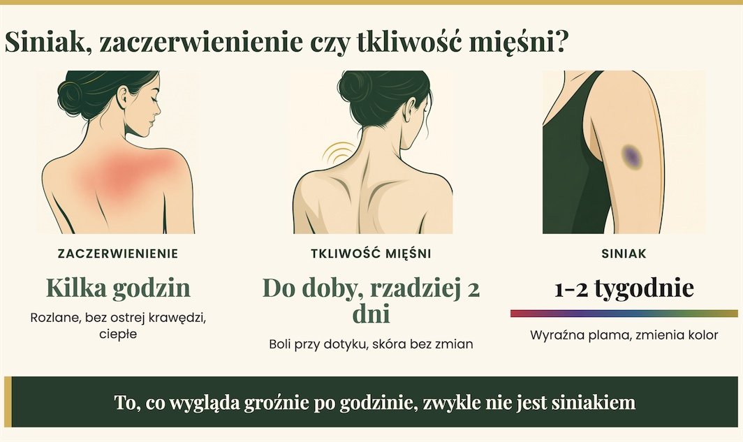 Porównanie zaczerwienienia, tkliwości mięśni i siniaka po masażu: jak wyglądają i ile trwają.